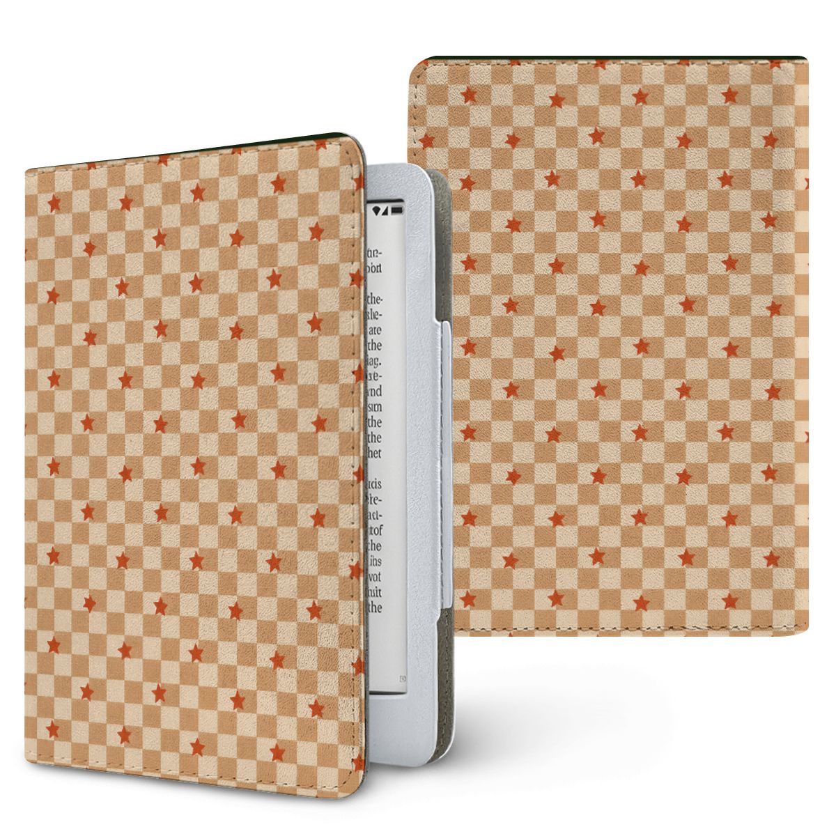 Checkered Stars Kindle case — caramel and cream checkerboard with little red stars, printed front and back