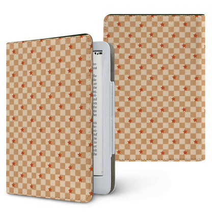 Checkered Stars Kindle case — caramel and cream checkerboard with little red stars, printed front and back