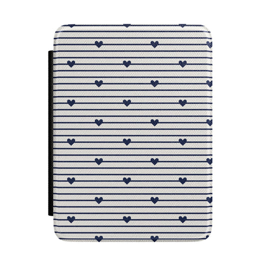 Navy Hearts on Cream Stripe Kindle Case - front view