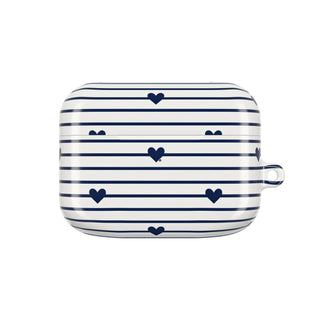 Navy Stripe Hearts AirPods case — cream gloss shell with navy stripes and tiny hearts