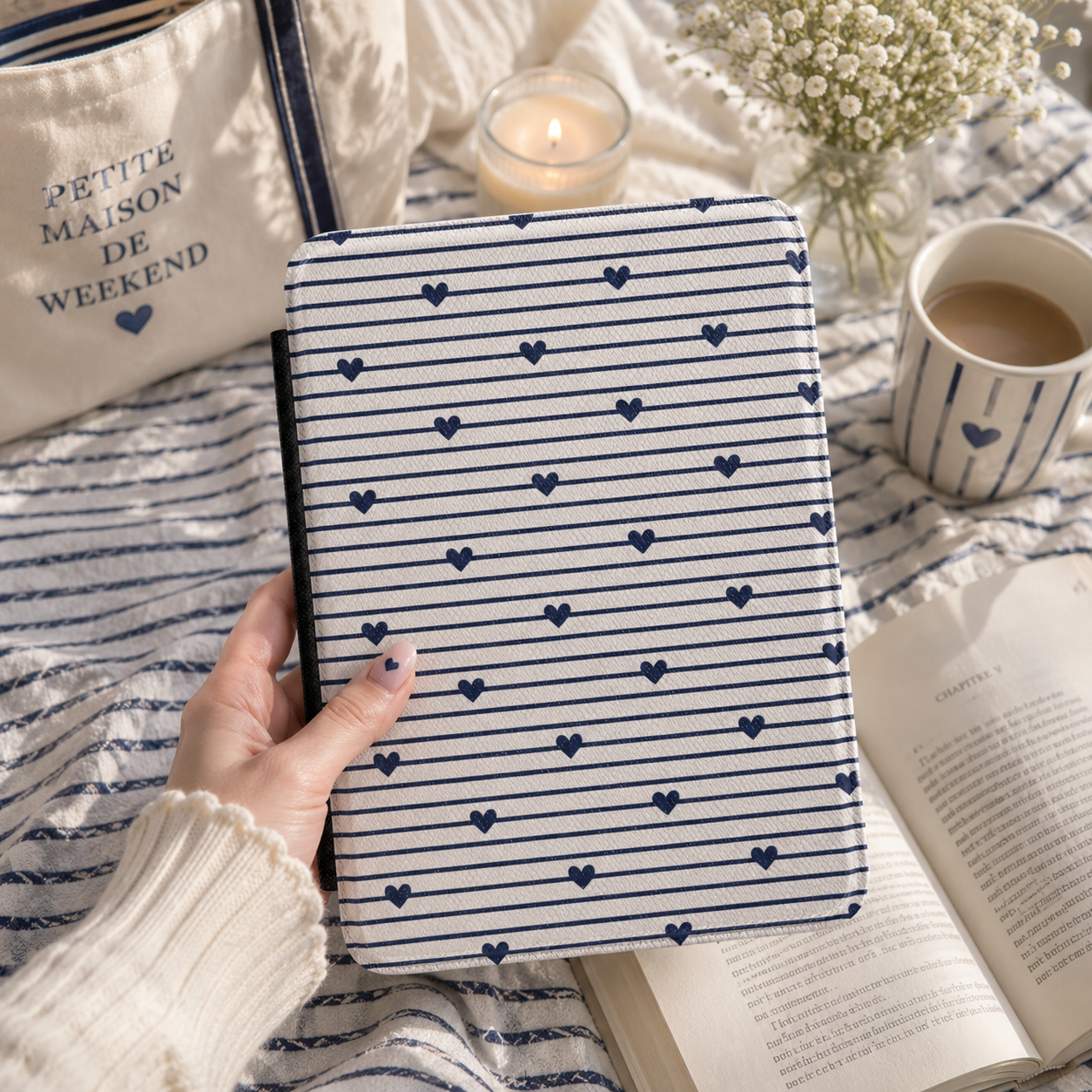 Navy Stripe Hearts Kindle case shown at an angle