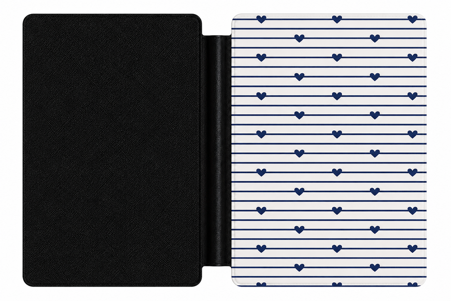 Navy Stripe Hearts Kindle case front cover — navy stripe and hearts print