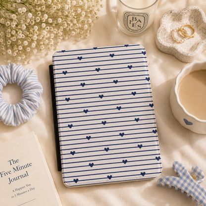 Navy Stripe Hearts Kindle case open showing e-ink Kindle on right interior panel