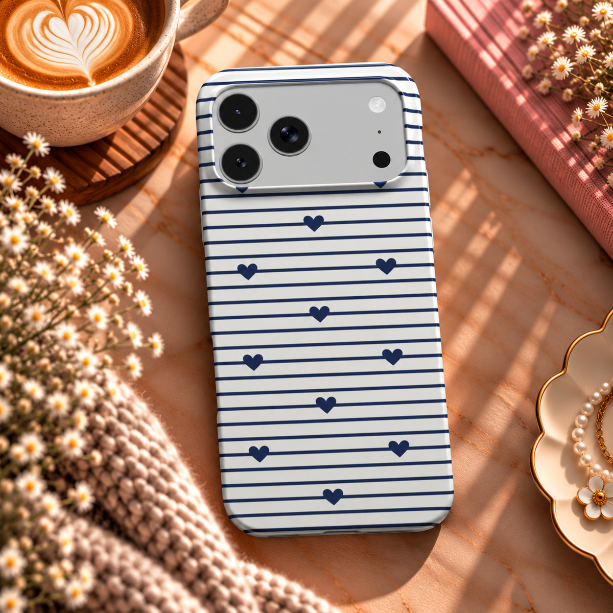 Navy Stripe Hearts phone case – MagSafe iPhone case, lifestyle photo