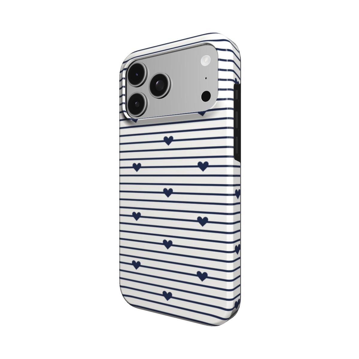 Navy Stripe Hearts phone case – MagSafe iPhone case, detail view
