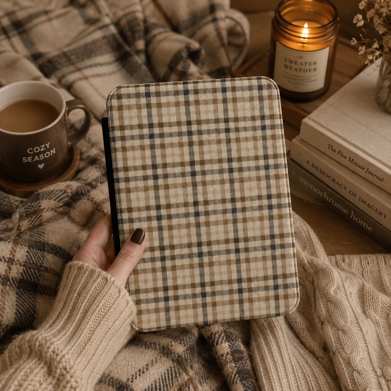 Neutral Tartan Kindle case shown at an angle