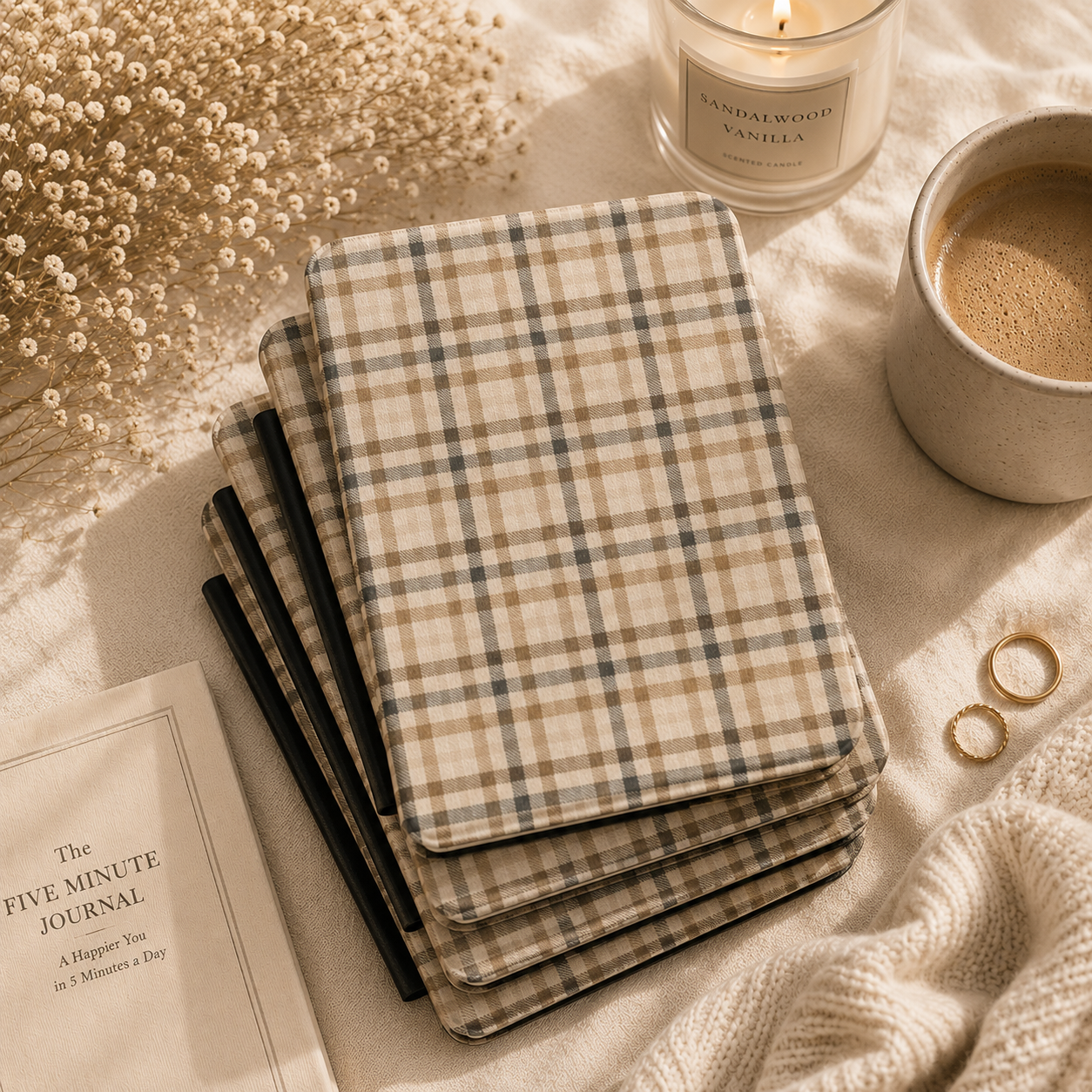 Close-up of Neutral Tartan Saffiano Kindle case