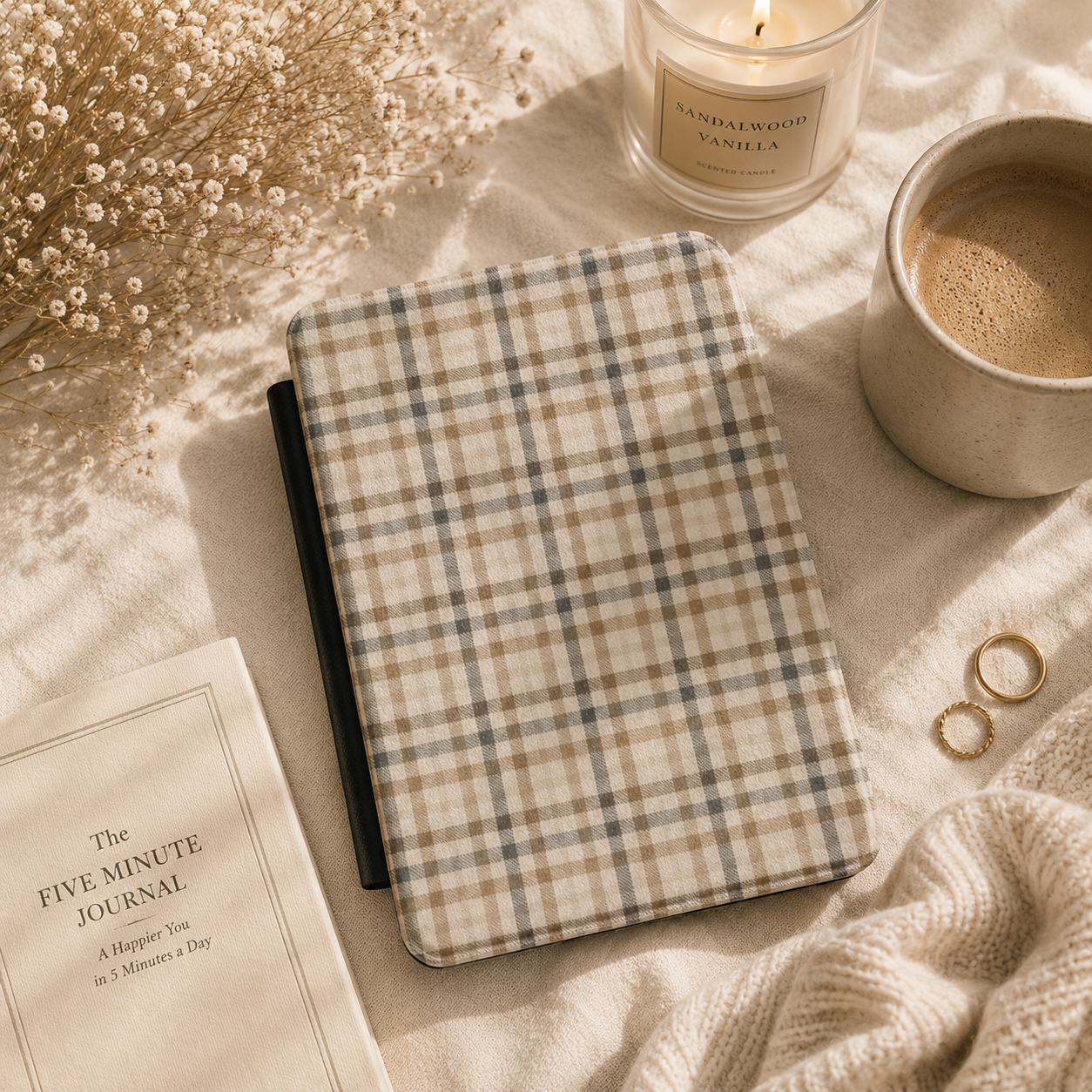 Neutral Tartan Kindle case open showing e-ink Kindle on right interior panel