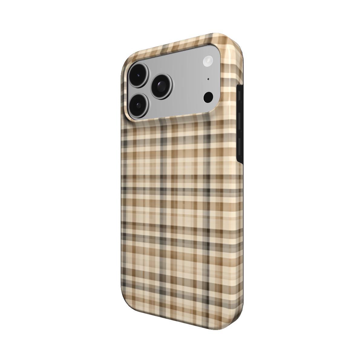 Neutral Tartan phone case – MagSafe iPhone case, angled view