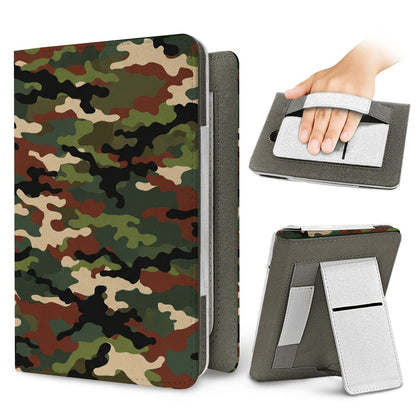 Woodland Camo Kindle case — elastic hand strap and fold-out stand on the back