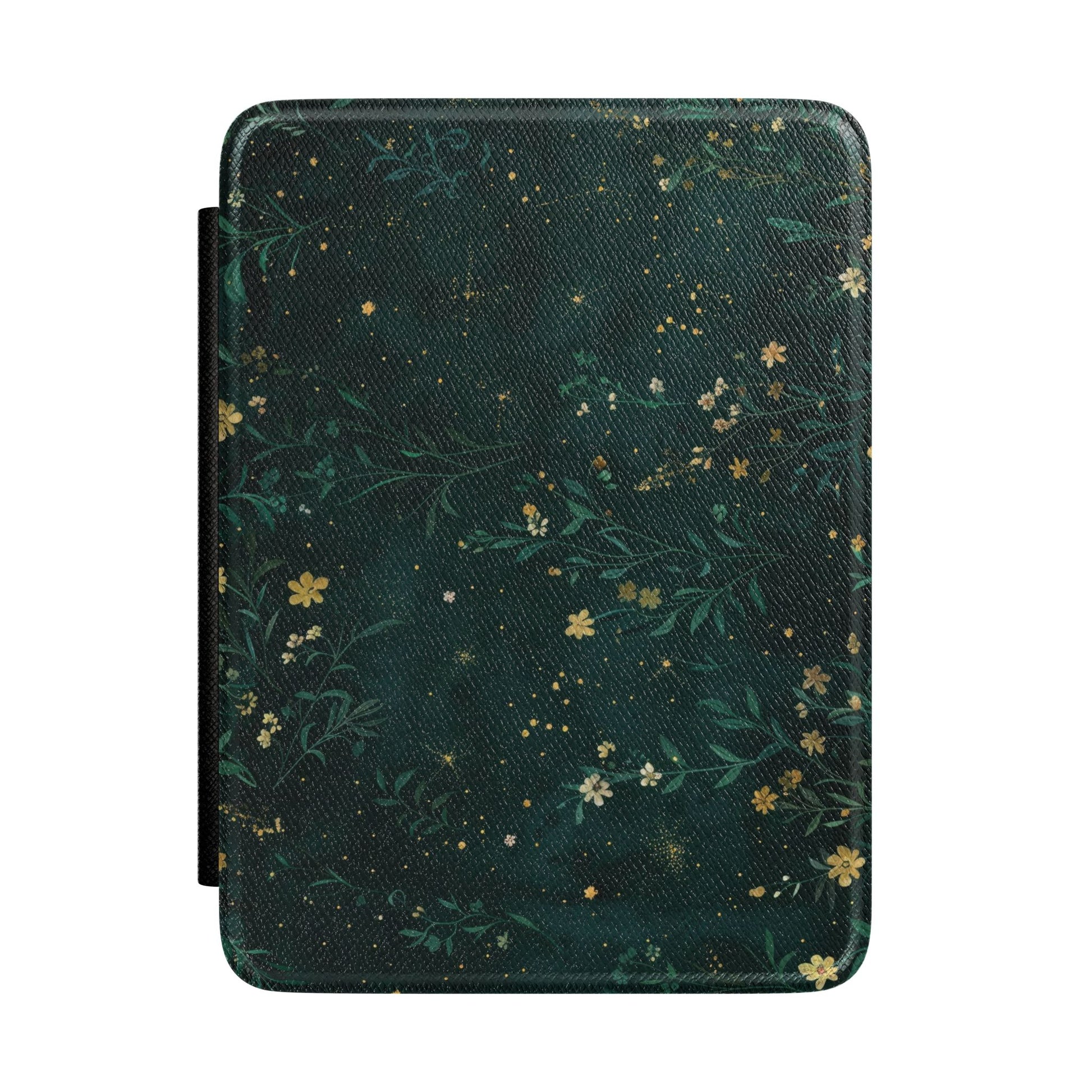 Near-black forest green Kindle Paperwhite case with gold wildflowers front cover — Jardin Secret night garden gift