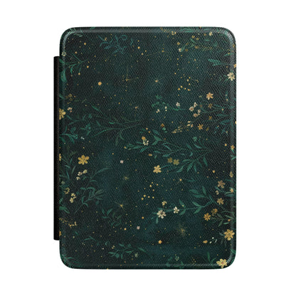 Near-black forest green Kindle Paperwhite case with gold wildflowers front cover — Jardin Secret night garden gift