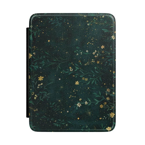 Near-black forest green Kindle Paperwhite case with gold wildflowers front cover — Jardin Secret night garden gift