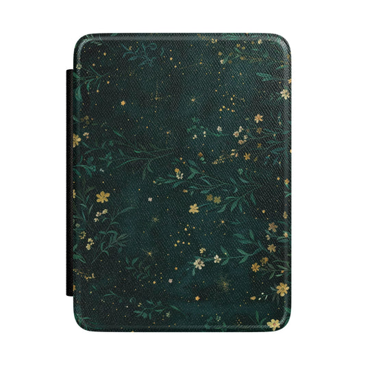 Near-black forest green Kindle Paperwhite case with gold wildflowers front cover — Jardin Secret night garden gift