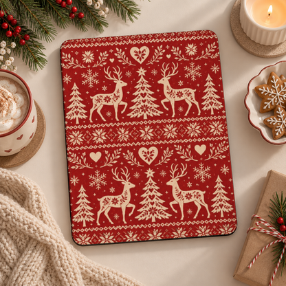 Nordic Reindeer iPad case styled with hot cocoa, a candle and a cream knit