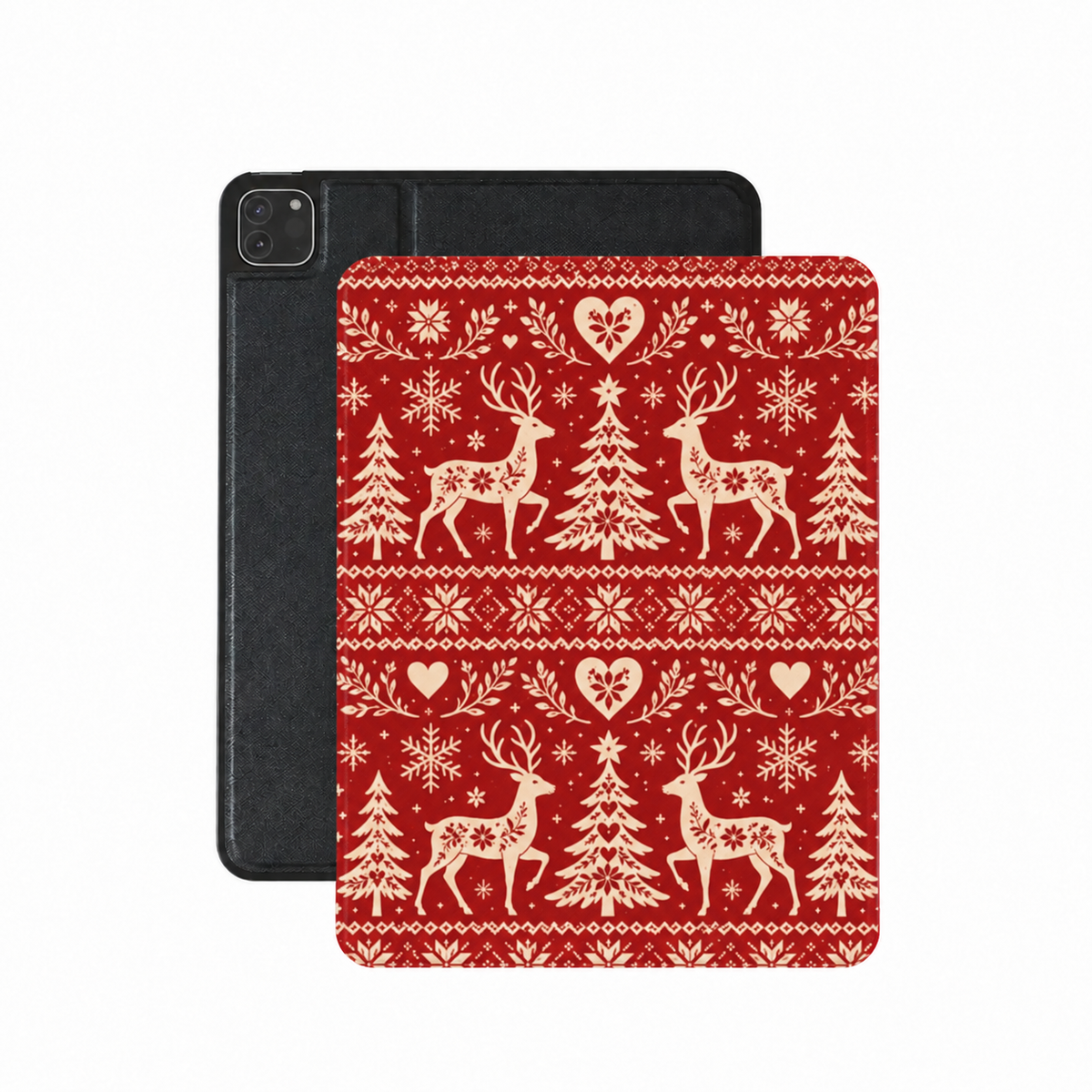 Nordic Reindeer iPad case — cream reindeer and fir trees in Nordic knit bands on red