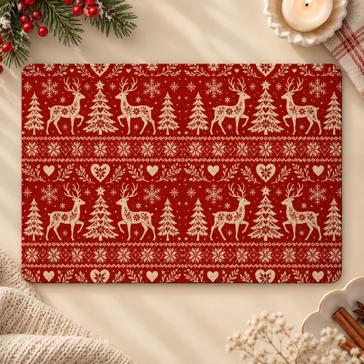 Nordic Reindeer Kindle case opened flat, front and back — cream reindeer, trees, hearts and snowflakes on red