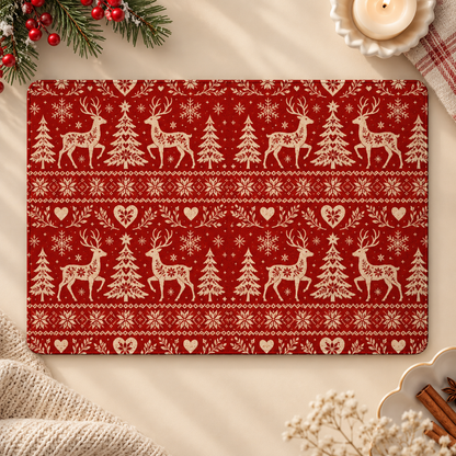Nordic Reindeer Kindle case opened flat, front and back — cream reindeer, trees, hearts and snowflakes on red