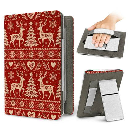 Nordic Reindeer Kindle case — elastic hand strap and fold-out stand on the back