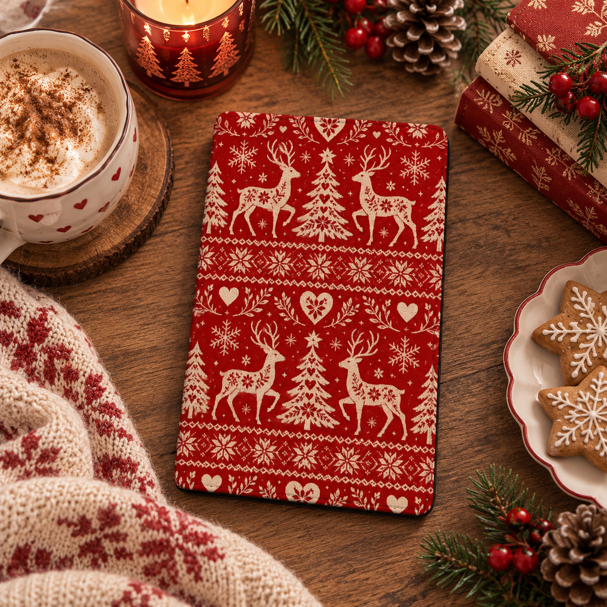 Nordic Reindeer Kindle case — red Fair Isle reindeer print, styled with cocoa, a candle, pine cones and Christmas cookies
