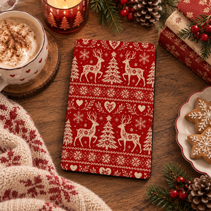 Nordic Reindeer Kindle case — red Fair Isle reindeer print, styled with cocoa, a candle, pine cones and Christmas cookies