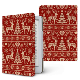 Nordic Reindeer Kindle case — cream reindeer, fir trees and snowflakes on red Fair Isle knit, printed front and back