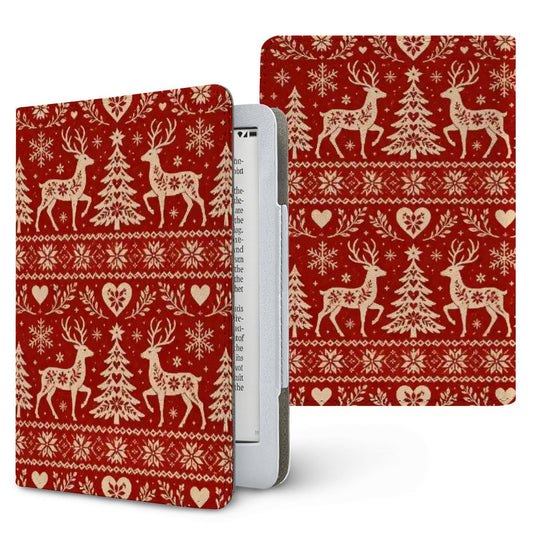 Nordic Reindeer Kindle case — cream reindeer, fir trees and snowflakes on red Fair Isle knit, printed front and back