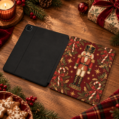 Nutcracker iPad case shown front and back — printed front cover, plain black back