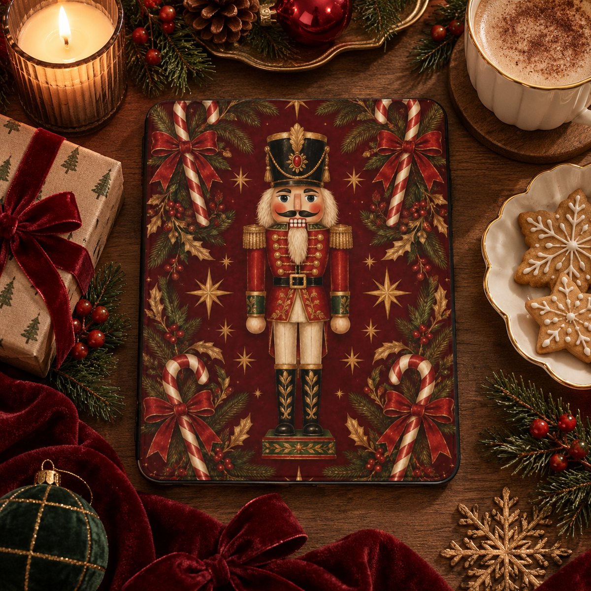 Nutcracker iPad case styled with a candle, gingerbread and red velvet ribbon