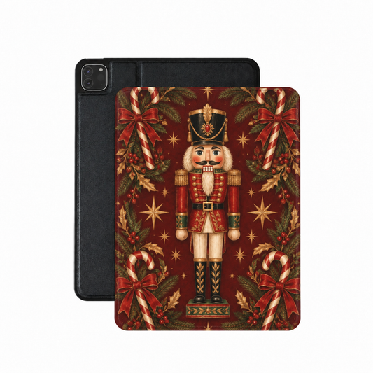 Nutcracker iPad case — nutcracker soldier with candy canes and holly on deep red