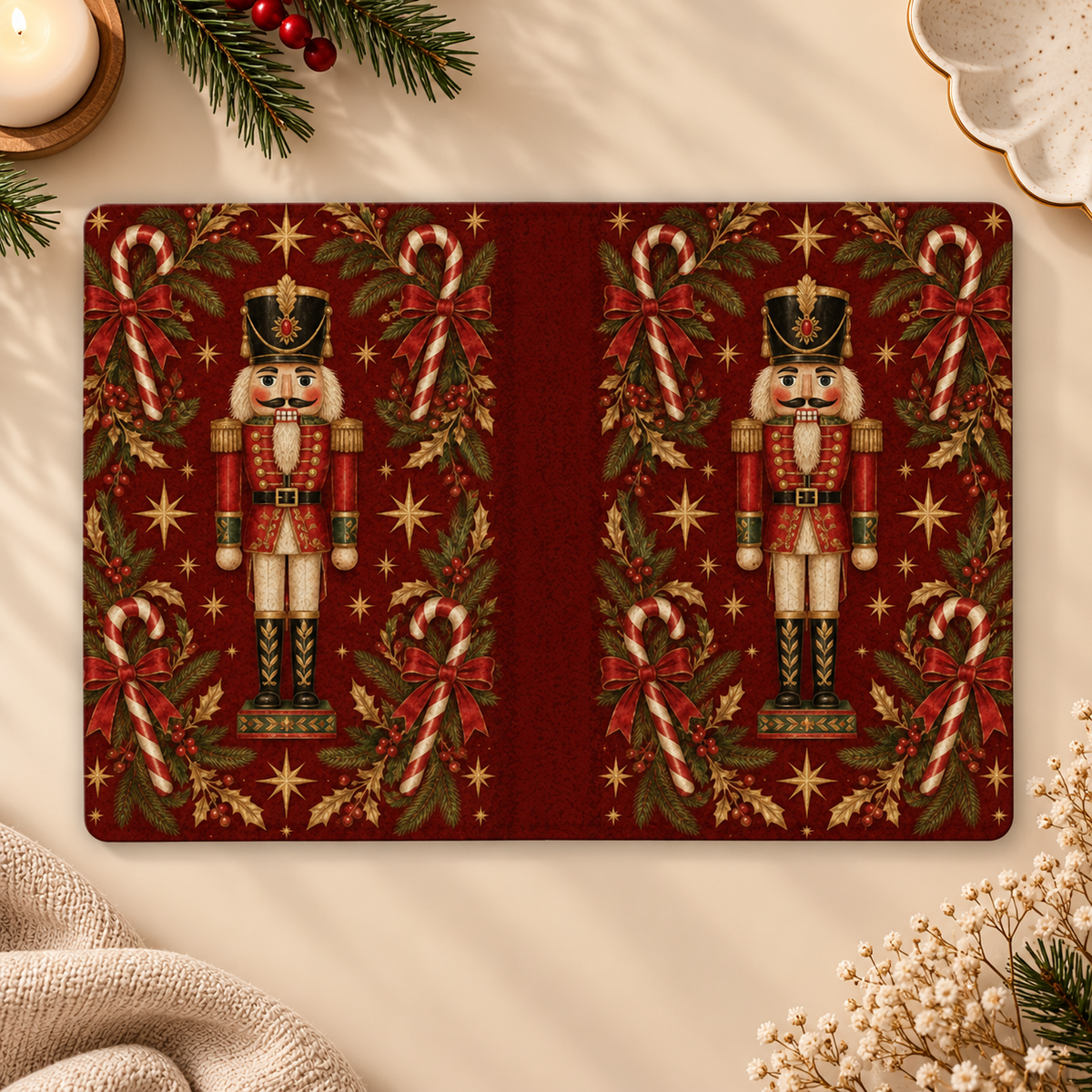 Nutcracker Kindle case opened flat, front and back — nutcracker soldiers, candy canes with bows and gold stars on red