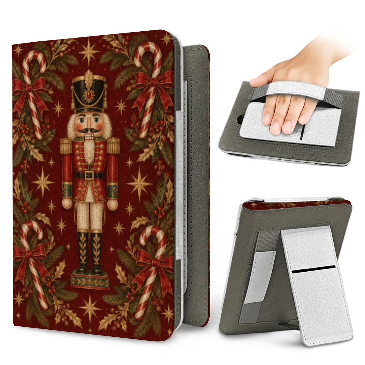 Nutcracker Kindle case — elastic hand strap and fold-out stand on the back