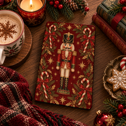 Nutcracker Kindle case — nutcracker and candy canes on red, styled with a latte, red candle and a Christmas cookie