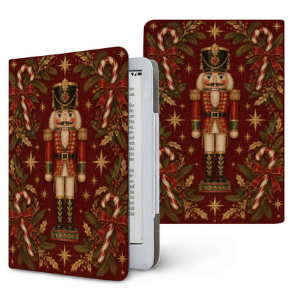 Nutcracker Kindle case — nutcracker soldier with candy canes, holly and gold stars on deep red, printed front and back
