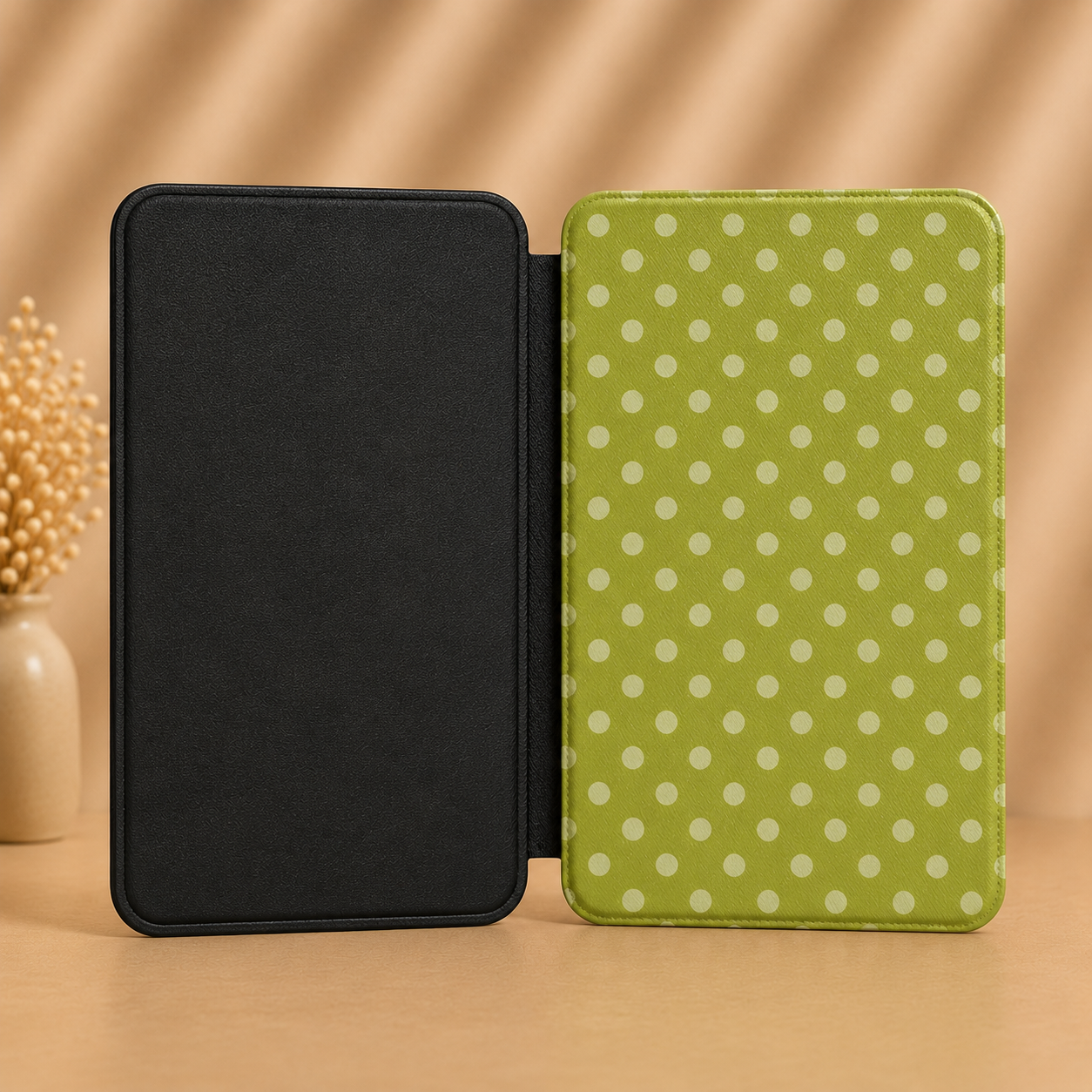 Warm olive green cream polka dot Kindle Paperwhite case — Quiet Bookish retro gift for readers