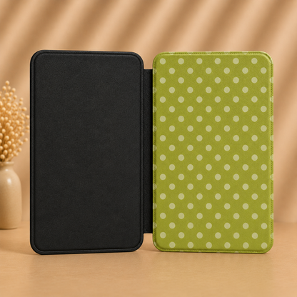 Warm olive green cream polka dot Kindle Paperwhite case — Quiet Bookish retro gift for readers