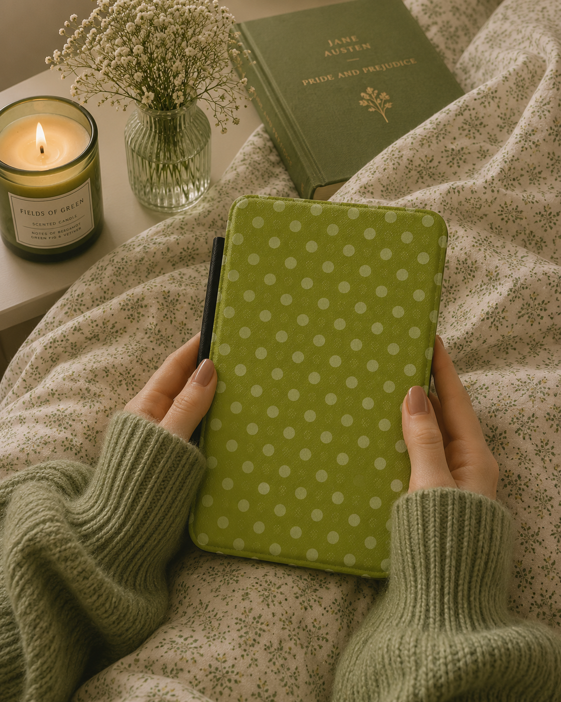 Olive polka dot Kindle case with elastic hand strap — Quiet Bookish cream retro print
