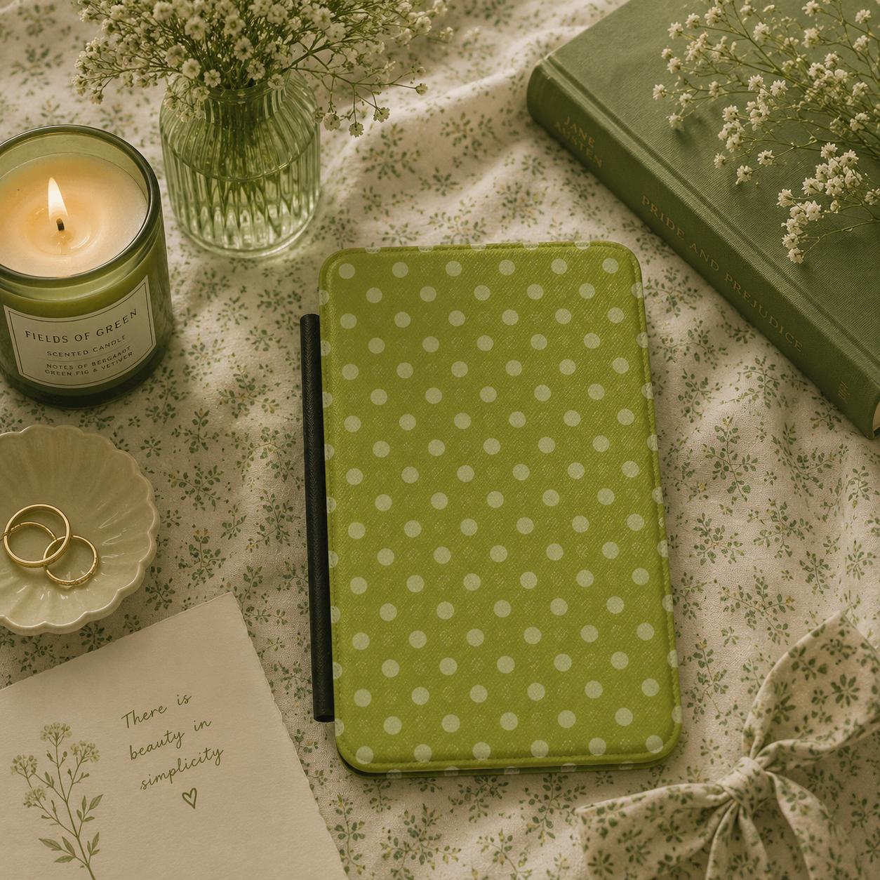 Olive green polka dot Kindle case open showing black interior — Quiet Bookish retro