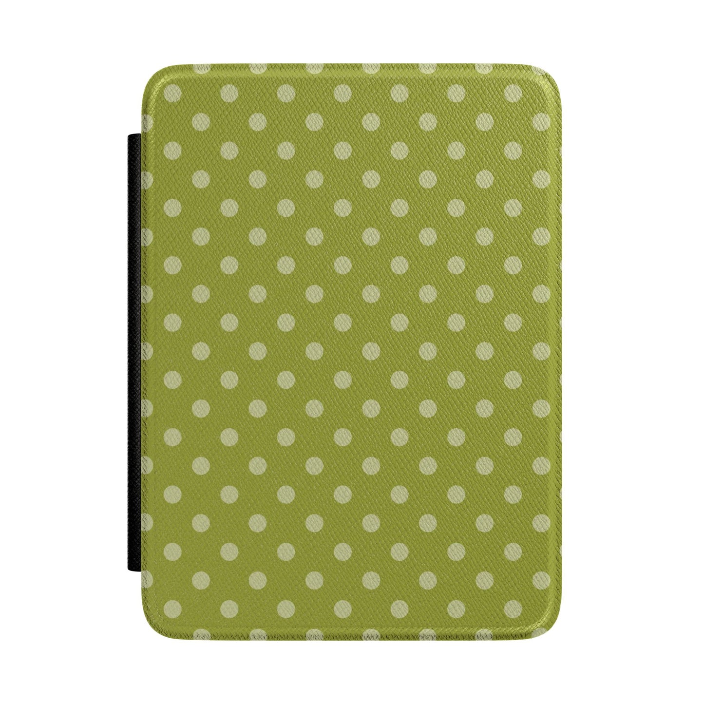 Warm olive green Kindle Paperwhite case with cream polka dots front cover — Quiet Bookish retro gift