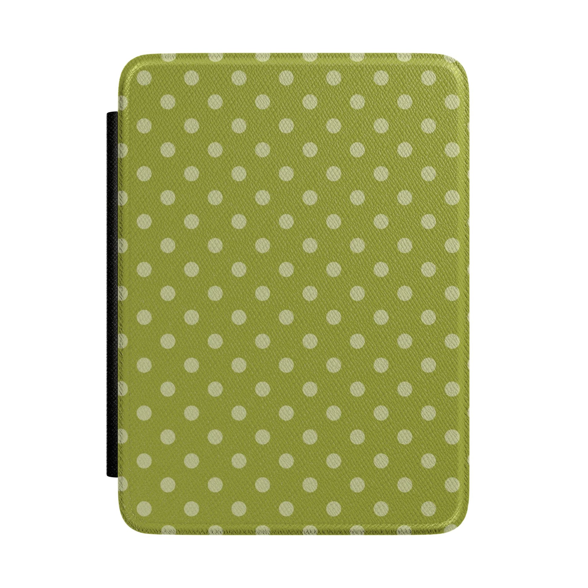 Warm olive green Kindle Paperwhite case with cream polka dots front cover — Quiet Bookish retro gift