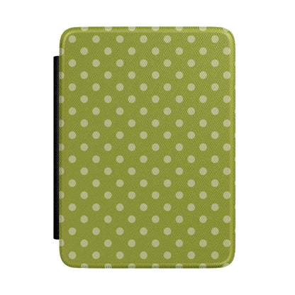 Warm olive green Kindle Paperwhite case with cream polka dots front cover — Quiet Bookish retro gift