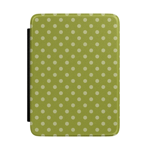 Warm olive green Kindle Paperwhite case with cream polka dots front cover — Quiet Bookish retro gift