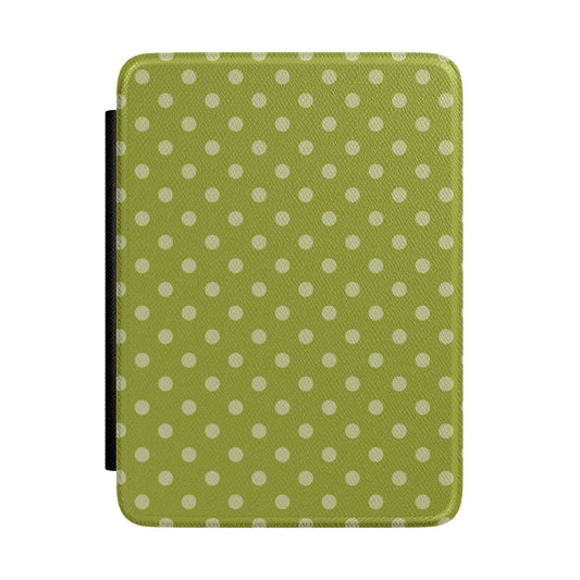 Warm olive green Kindle Paperwhite case with cream polka dots front cover — Quiet Bookish retro gift