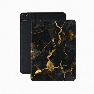 Black and gold marble iPad case in vegan Saffiano leather — gold veined stone folio
