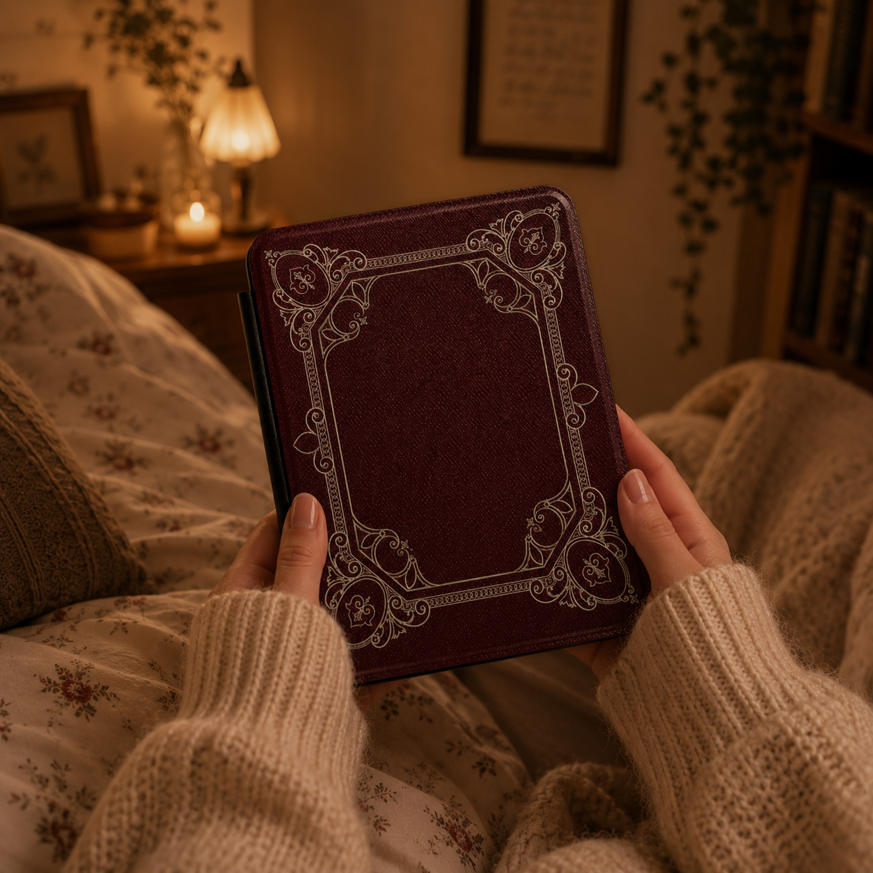 Ornate Antique Frame Kindle case open showing e-ink Kindle on right interior panel