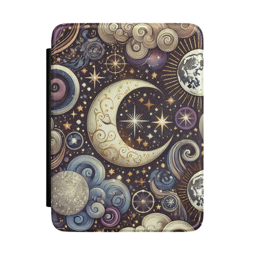 Ornate ivory crescent moon Kindle Paperwhite case with gold filigree, planets and stars front cover — Dark Romantasy celestial gift