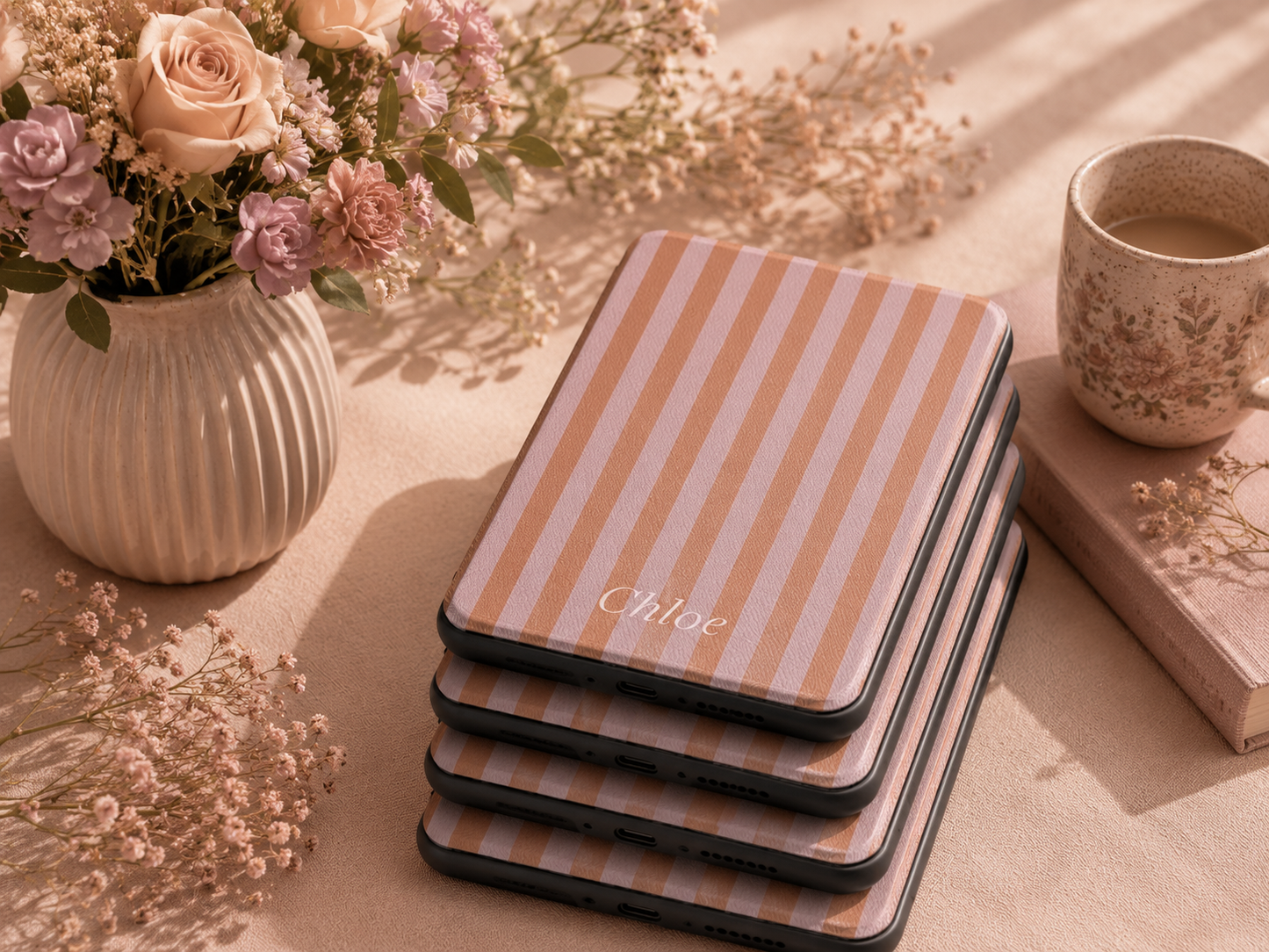 Personalised Caramel & Mauve Stripe Name Kindle Case — Custom Name