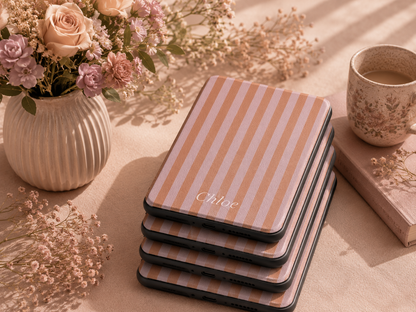 Personalised Caramel & Mauve Stripe Name Kindle Case — Custom Name