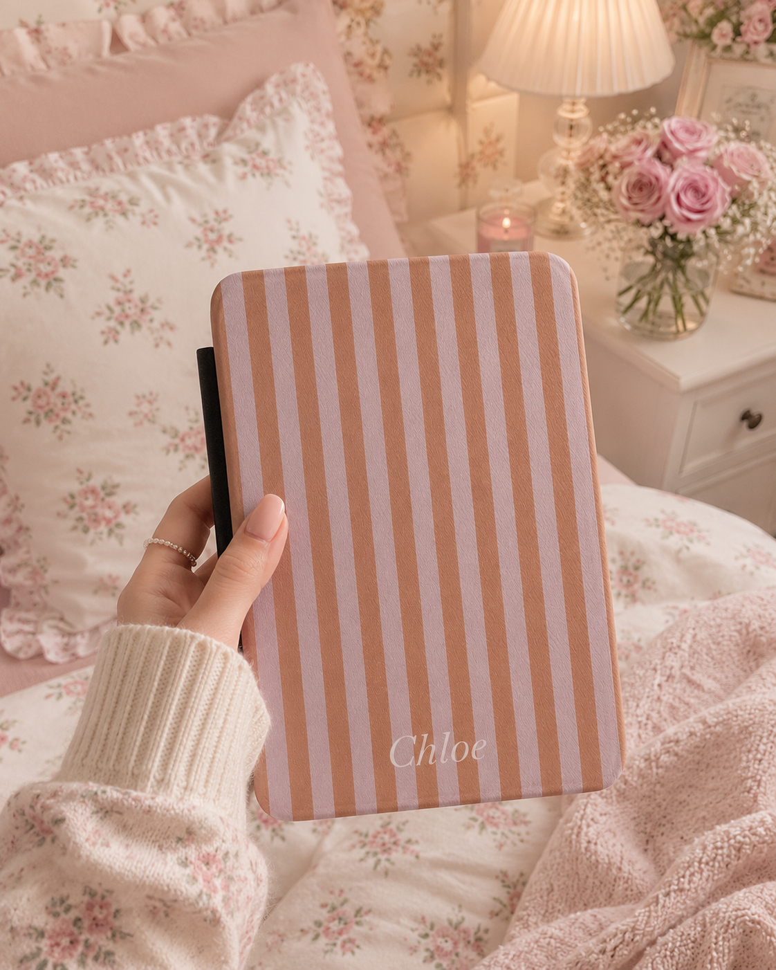 Personalised Caramel & Mauve Stripe Name Kindle Case — Custom Name