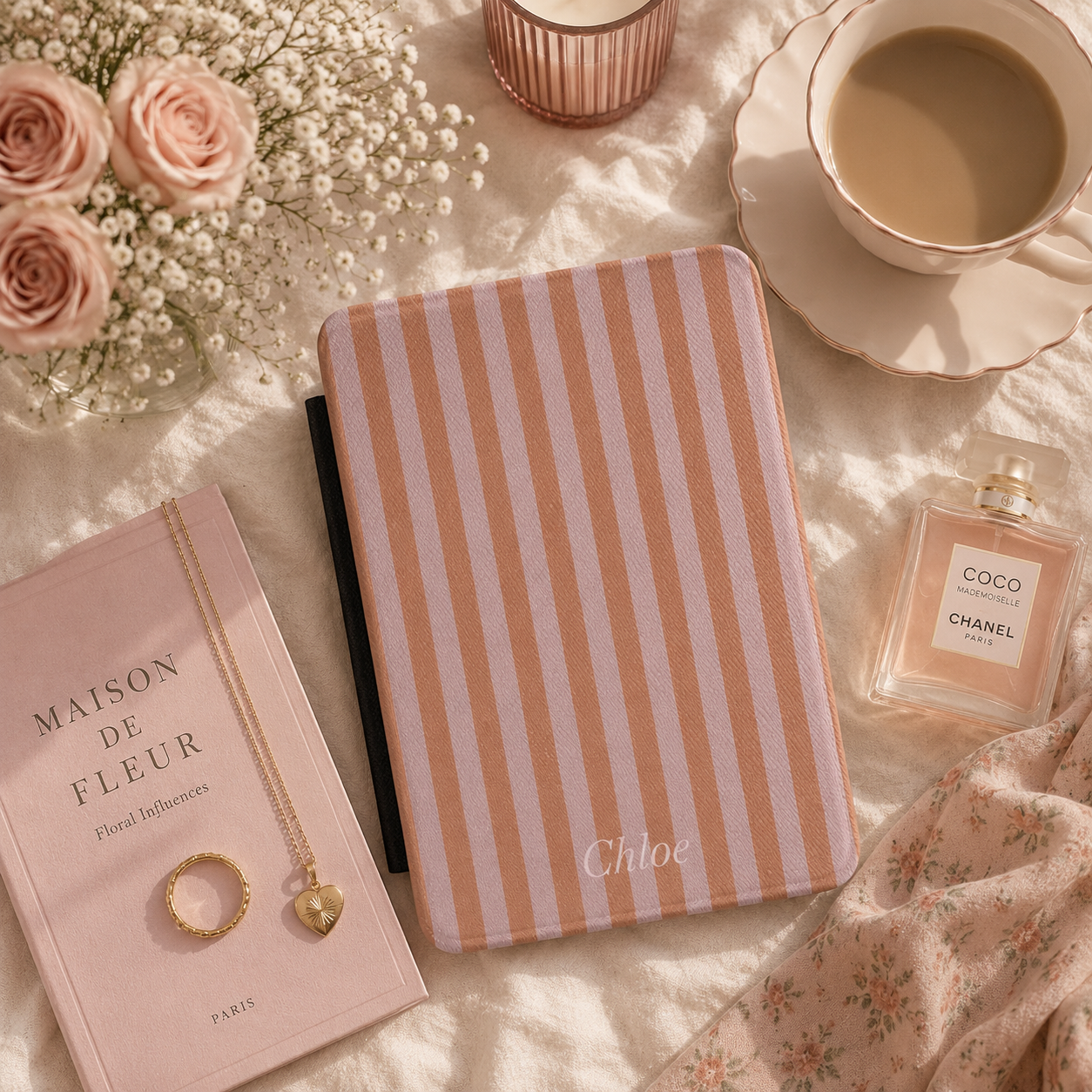 Personalised Caramel & Mauve Stripe Name Kindle Case — Custom Name